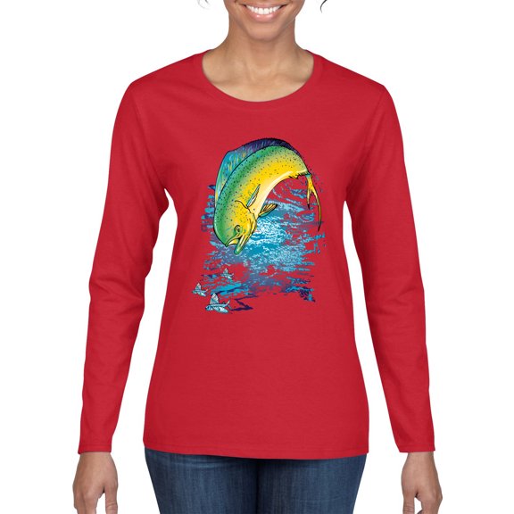 Mahi-Mahi Fish Catching Small Fish Animal Lover Womens Graphic Long Sleeve T-Shirt, Red, Large