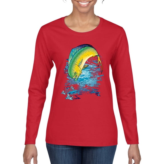 Mahi-Mahi Fish Catching Small Fish Animal Lover Womens Graphic Long Sleeve T-Shirt, Red, X-Large