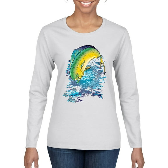 Mahi-Mahi Fish Catching Small Fish Animal Lover Womens Graphic Long Sleeve T-Shirt, White, X-Large