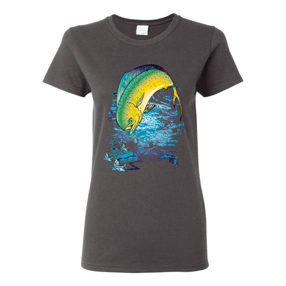 Mahi-Mahi Fish Catching Small Fish Animal Lover Womens Graphic T-Shirt, Charcoal, Medium