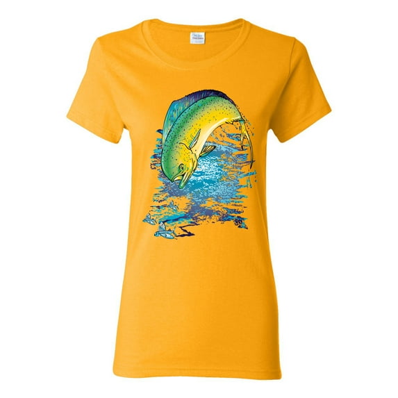 Mahi-Mahi Fish Catching Small Fish Animal Lover Womens Graphic T-Shirt, Gold, Large