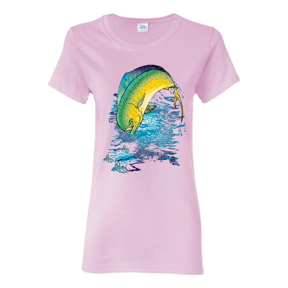 Mahi-Mahi Fish Catching Small Fish Animal Lover Womens Graphic T-Shirt, Light Pink, Large