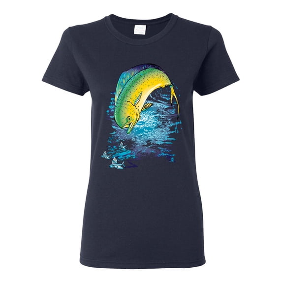 Mahi-Mahi Fish Catching Small Fish Animal Lover Womens Graphic T-Shirt, Navy, Large