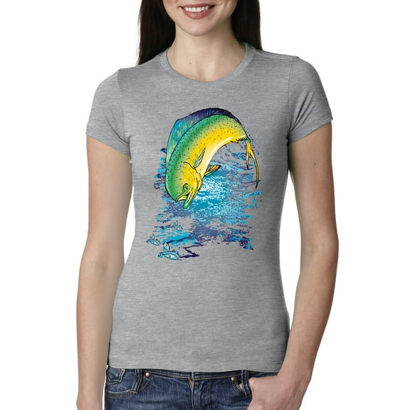 Mahi-Mahi Fish Catching Small Fish Animal Lover Womens Slim Fit Junior Tee, Heather Grey, 2XL