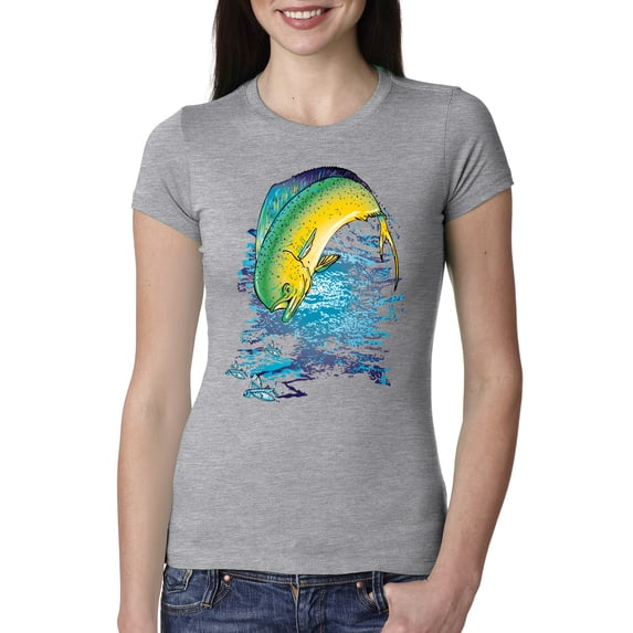 Mahi-Mahi Fish Catching Small Fish Animal Lover Womens Slim Fit Junior Tee, Heather Grey, Medium