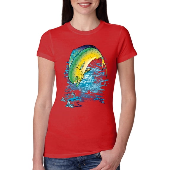 Mahi-Mahi Fish Catching Small Fish Animal Lover Womens Slim Fit Junior Tee, Red, Small