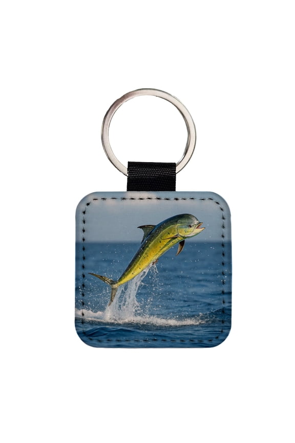 Mahi Mahi Fish Jumping Fishing Faux Leather Square Keychain