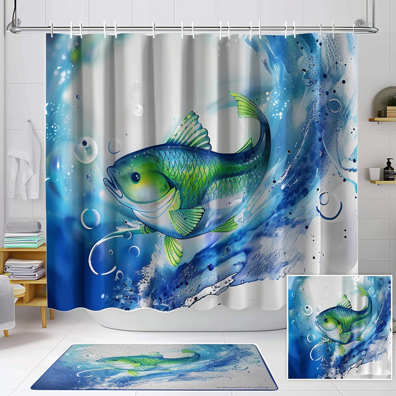 Mahimari Fish Bathroom Decor Set: Vibrant blue and green design high ...