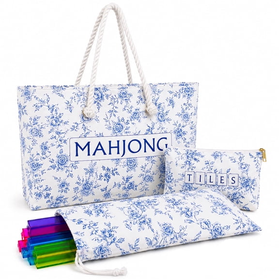 Mahjong Bag Set for American Mahjong Tiles and Racks, Oxford Cloth Tote with Zipper Tile Bag and Rack Sleeve, Case Only (Blue)