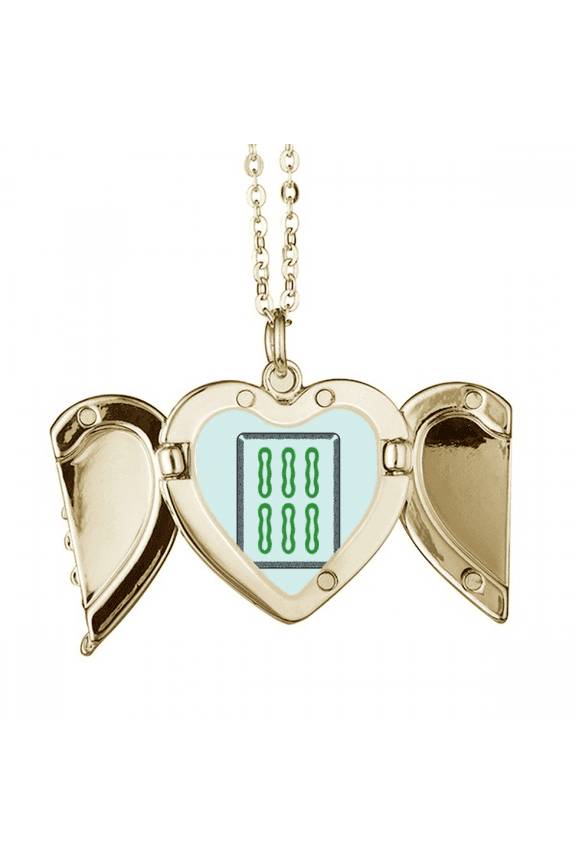 Mahjong Bar 6 Tiles Pattern Folded Wings Peach Heart Pendant Necklace
