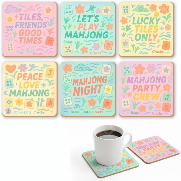 Mahjong Coasters Set of 6, 3.94" x 3.94" Cork Drink Coasters, Cute Pastel Tile Designs, Mahjong Gifts for Women, Fun Mahjong Accessories for Home Bar, Coffee Table & Housewarming