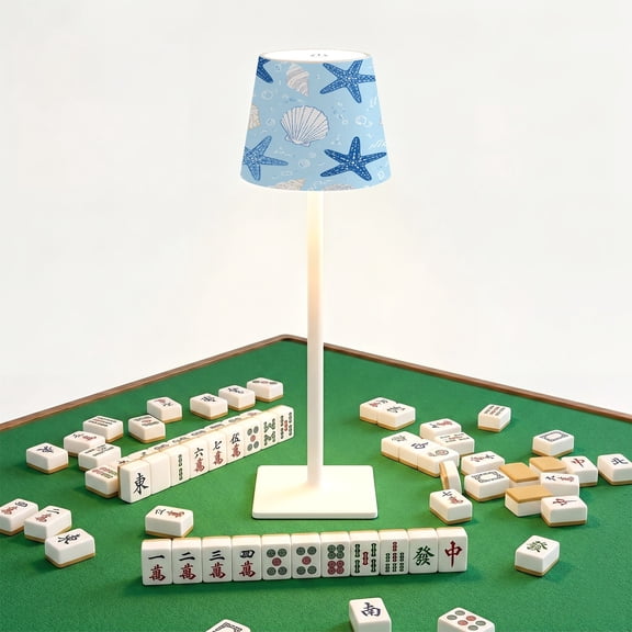 Mahjong Cordless Table Lamp Blue Beige Seashell Starfish Light Blue LED Desk Lamps Rechargeable 3 Color Dimming Outdoor for Mah Jong Table Nightstand Living Room Gift