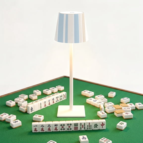 Mahjong Cordless Table Lamp Blue Beige Vertical Striped Design LED Desk Lamps Rechargeable 3 Color Dimming Outdoor for Mah Jong Table Nightstand Living Room Gift