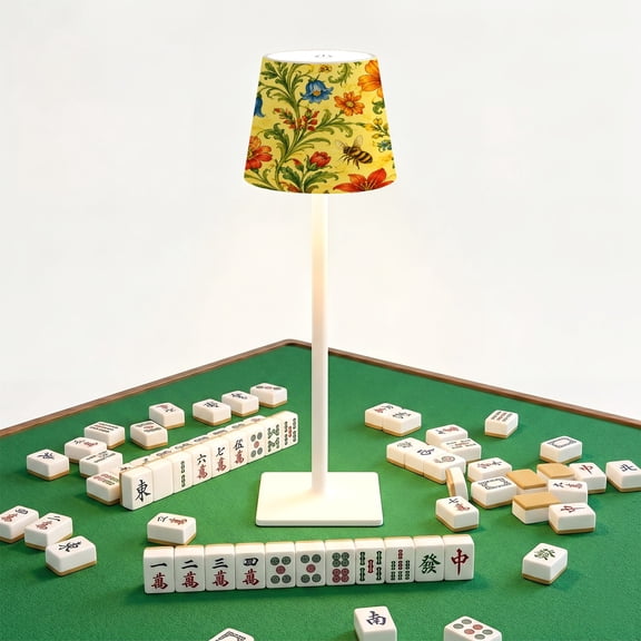 Mahjong Cordless Table Lamp Colorful Floral Bees Yellow LED Desk Lamps Rechargeable 3 Color Dimming Outdoor for Mah Jong Table Nightstand Living Room Gift