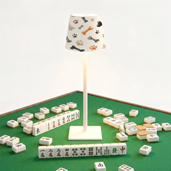 Mahjong Cordless Table Lamp Dog Bone Paw Print Beige Watercolor Pet Motifs LED Desk Lamps Rechargeable 3 Color Dimming Outdoor for Mah Jong Table Nightstand Living Room Gift