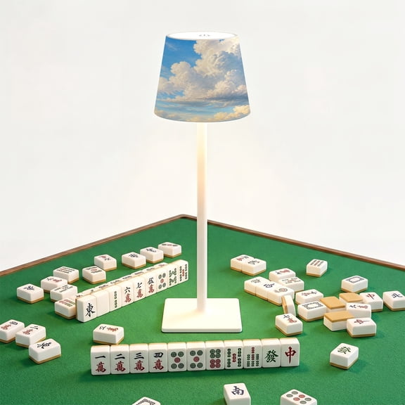 Mahjong Cordless Table Lamp Fluffy White Cumulus Clouds Against Bright Blue Sky LED Desk Lamps Rechargeable 3 Color Dimming Outdoor for Mah Jong Table Nightstand Living Room Gift
