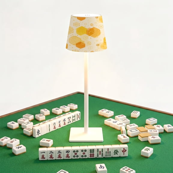 Mahjong Cordless Table Lamp Geometric Orange Yellow Hexagons Light LED Desk Lamps Rechargeable 3 Color Dimming Outdoor for Mah Jong Table Nightstand Living Room Gift