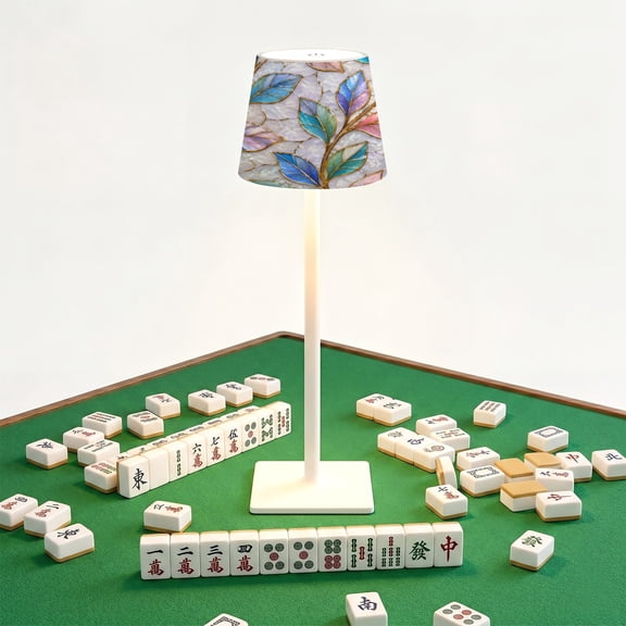 Mahjong Cordless Table Lamp Leaves stylized mother pearl seamless 3d LED Desk Lamps Rechargeable 3 Color Dimming Outdoor for Mah Jong Table Nightstand Living Room Gift