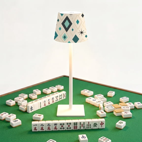 Mahjong Cordless Table Lamp Retro Geometric Teal Shapes LED Desk Lamps Rechargeable 3 Color Dimming Outdoor for Mah Jong Table Nightstand Living Room Gift
