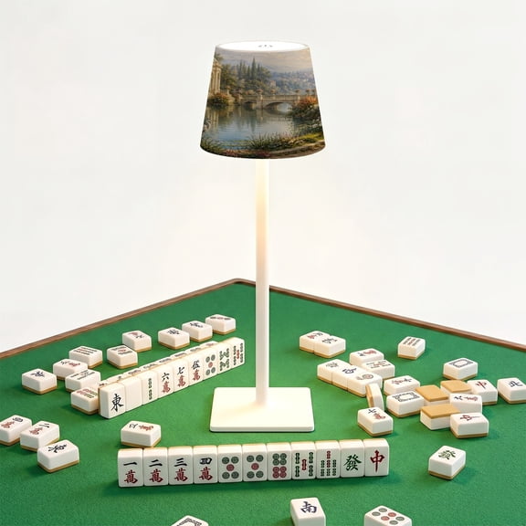 Mahjong Cordless Table Lamp Romantic Garden Scene Pavilion Bridge Blooming Flowers LED Desk Lamps Rechargeable 3 Color Dimming Outdoor for Mah Jong Table Nightstand Living Room Gift