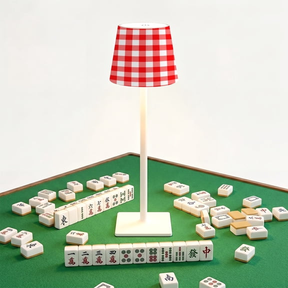 Mahjong Cordless Table Lamp Seamless Checkered red tartan 10 LED Desk Lamps Rechargeable 3 Color Dimming Outdoor for Mah Jong Table Nightstand Living Room Gift