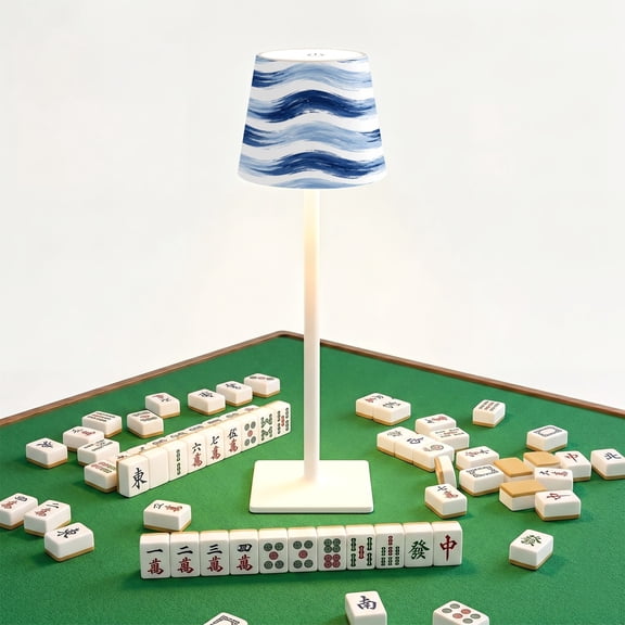 Mahjong Cordless Table Lamp Seamless Wave Hand drawn water sea modern Wavy beach brush stroke LED Desk Lamps Rechargeable 3 Color Dimming Outdoor for Mah Jong Table Nightstand Living Room Gift