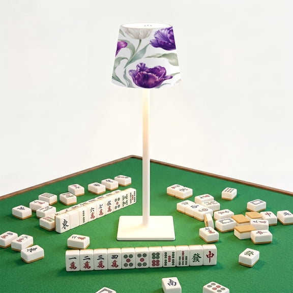Mahjong Cordless Table Lamp Seamless floral white dark purple tulips leaves LED Desk Lamps Rechargeable 3 Color Dimming Outdoor for Mah Jong Table Nightstand Living Room Gift