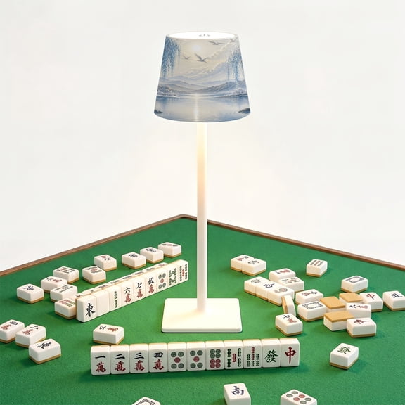 Mahjong Cordless Table Lamp Serene Winter Landscape Frosted Willow Trees Birds Reflective River LED Desk Lamps Rechargeable 3 Color Dimming Outdoor for Mah Jong Table Nightstand Living Room Gift