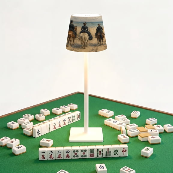 Mahjong Cordless Table Lamp Victorian Era Beach Outing Three Horse Riders Sandy LED Desk Lamps Rechargeable 3 Color Dimming Outdoor for Mah Jong Table Nightstand Living Room Gift