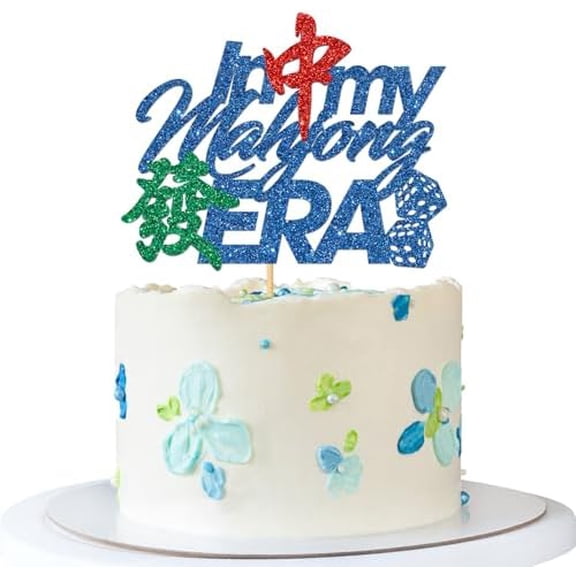 In My Mahjong Era Cake Topper - Chinese Mahjong Themed Cake Supplies - Birthday Retirement Game Night Leisure Gathering Games Funny Birthday Party Decoration - Blue Glitter