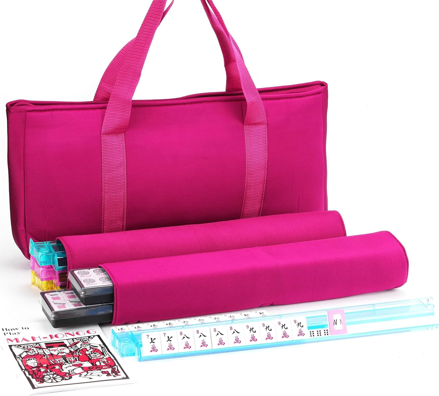 Mahjong Game Set with Carrying Bag – 166 Premium White Tiles, 4 Racks/Pushers, Chips, Wind Indicator, Pinky Red (Complete Ma Jong Set)