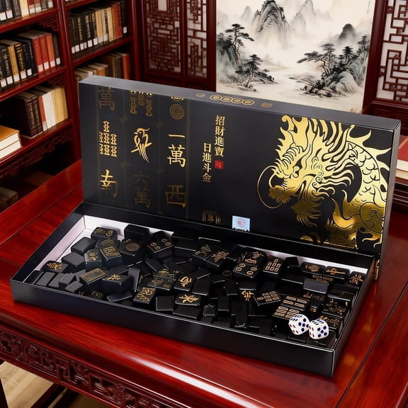 Mahjong Game, Travel Pack 144pcs of Black Golden Mahjong, Includes 2 Dice / 4 Mahjong Fixing Slots, as Holiday Mahjong, Full Size for On-The-Go Fun & Table Games