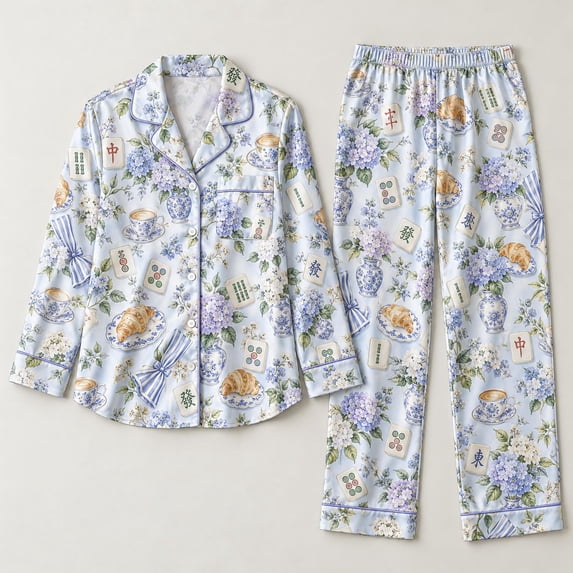 Mahjong Garden Long Pajamas Set, Hydrangea Brunch Print Satin Sleepwear ...