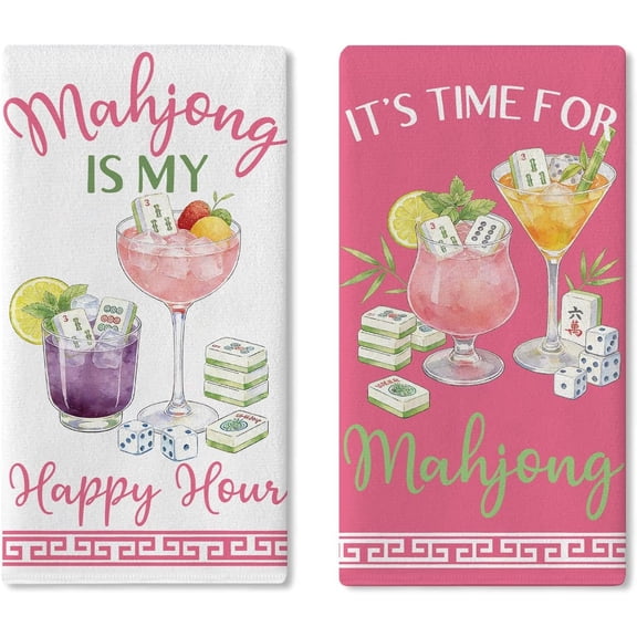Mahjong is My Happy Hour Kitchen Dish Towels Set of 2, Pink Cocktail Drying Hand Towel Baking Cloth Mahjong Lover Player Gifts, Funny Game Night Party Bar Pub Bathroom Home Decor 18''x26''