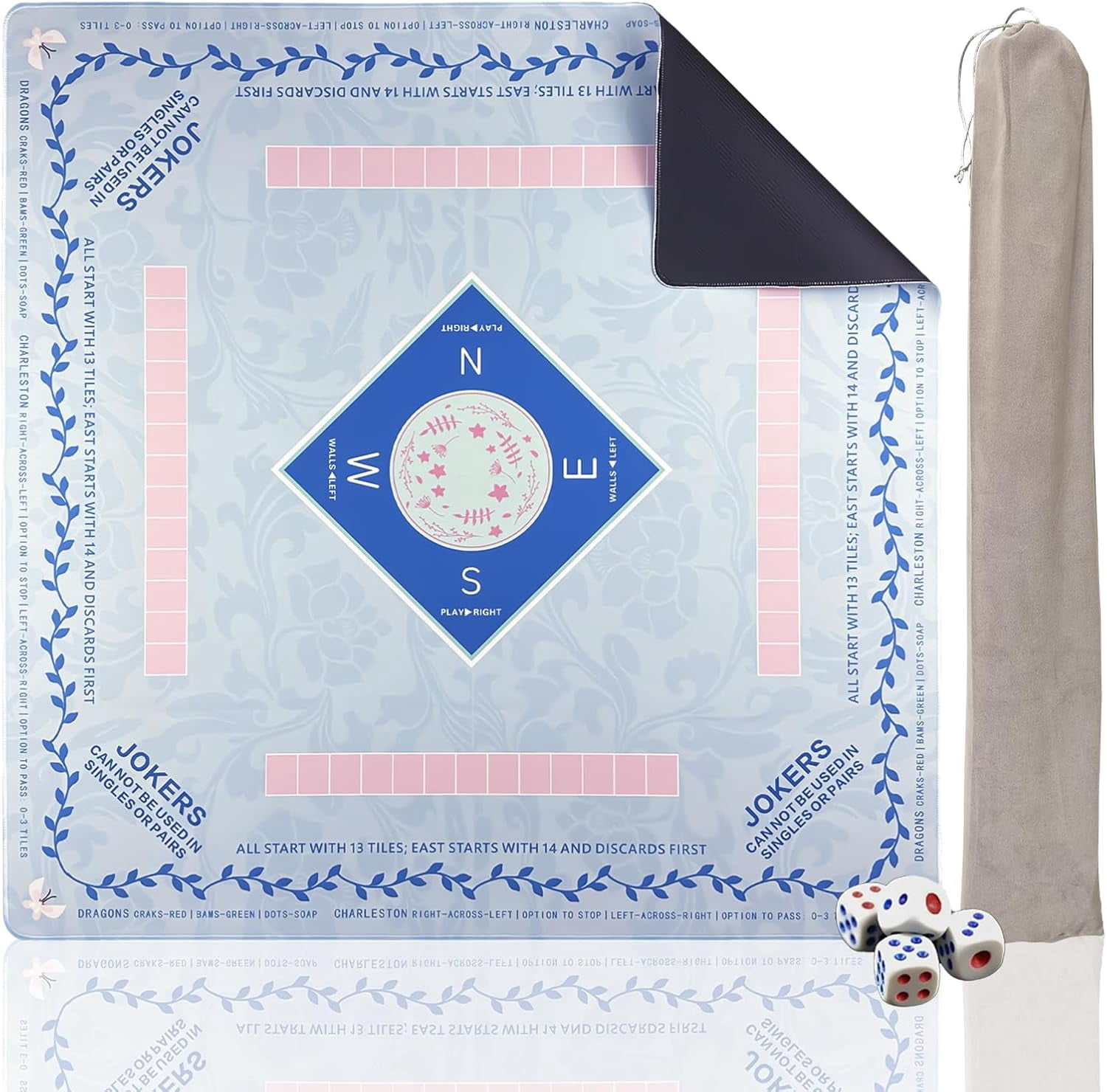 Mahjong Mat 31 * 31 Inch Non-Slip Noise Reduction, American Mahjong Mat for Table with Bag, Waterproof Surface Mah Jongg Mats for Poker, Card, Dominoes, Board & Tile Games (Light Blue)