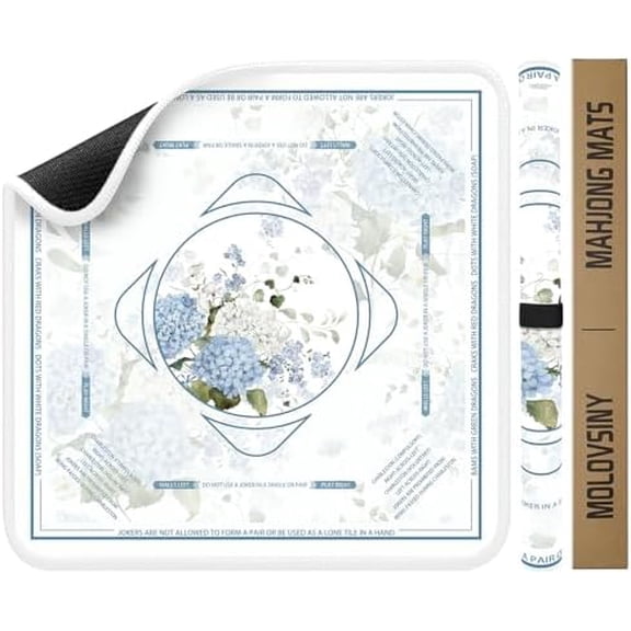 Mahjong Mat 31.5 Inch Square - Non-Slip Durable Table Cover for Mahjong/Card/Domino Games, Rolled Shipping with Storage Pockets & Noise Reduction, Premium Gift for Women(Blue Bloom)