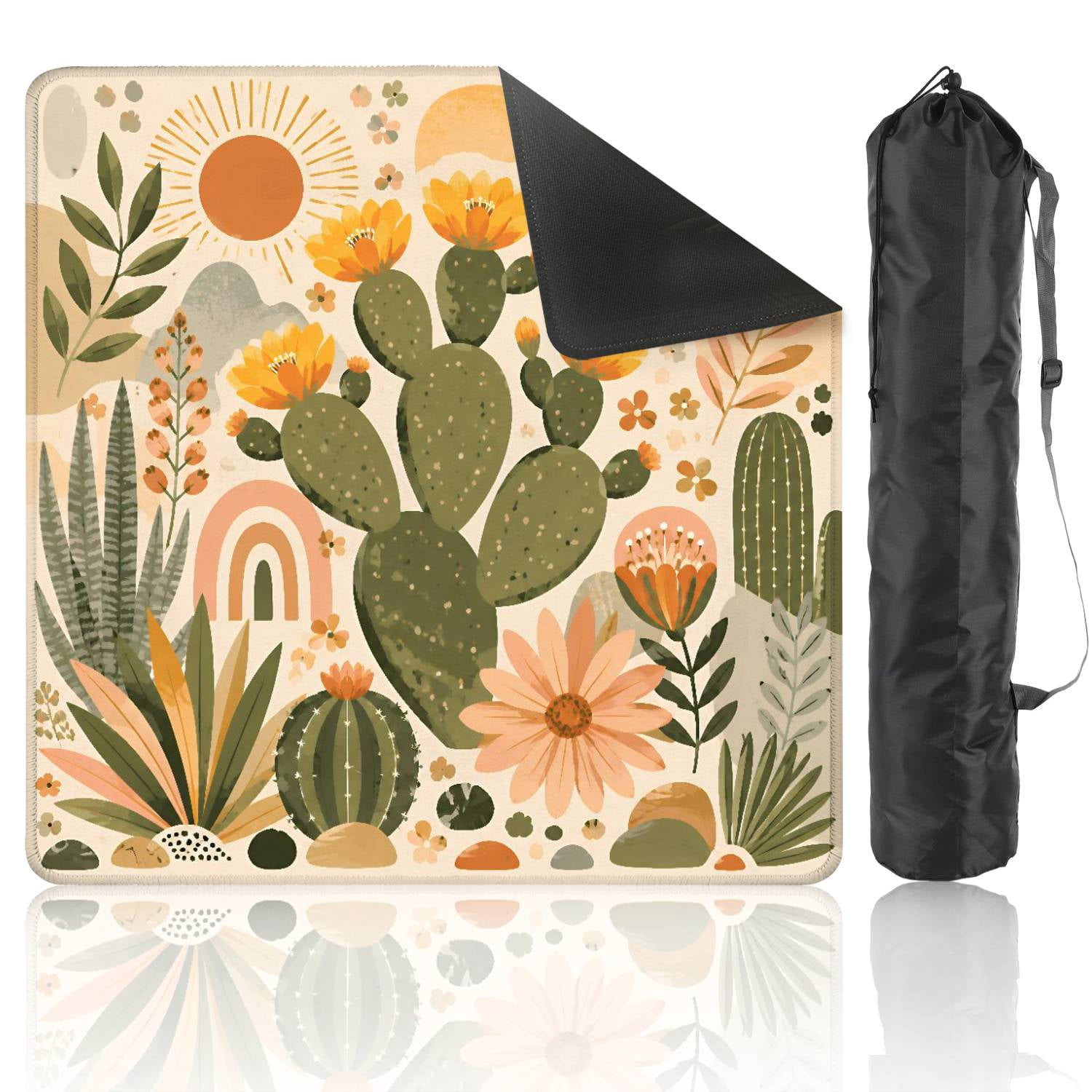 Mahjong Mat 31.5" x 31.5" Abstract Cactus Floral Earthy Orange Green Palette Non-Slip Noise Reduction American Mahjong Tiles Table Cover for Dominoes Poker Card Board Games Gift