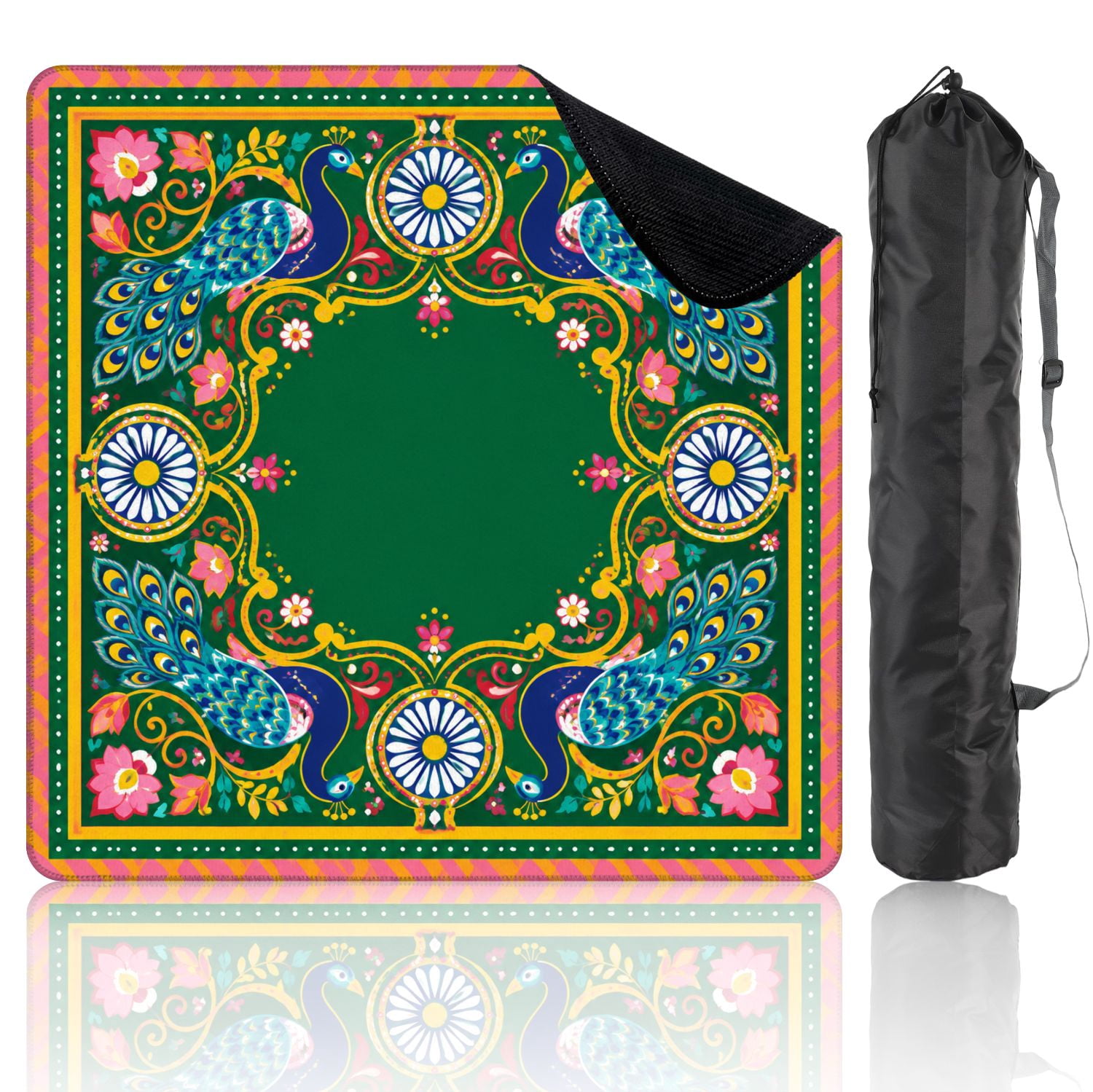 Mahjong Mat 31.5" x 31.5" Abstract Floral Peacock Motifs Vibrant Colors Non-Slip Noise Reduction Mahjong Tiles Table Cover for Dominoes Poker Card Board and Tile Games