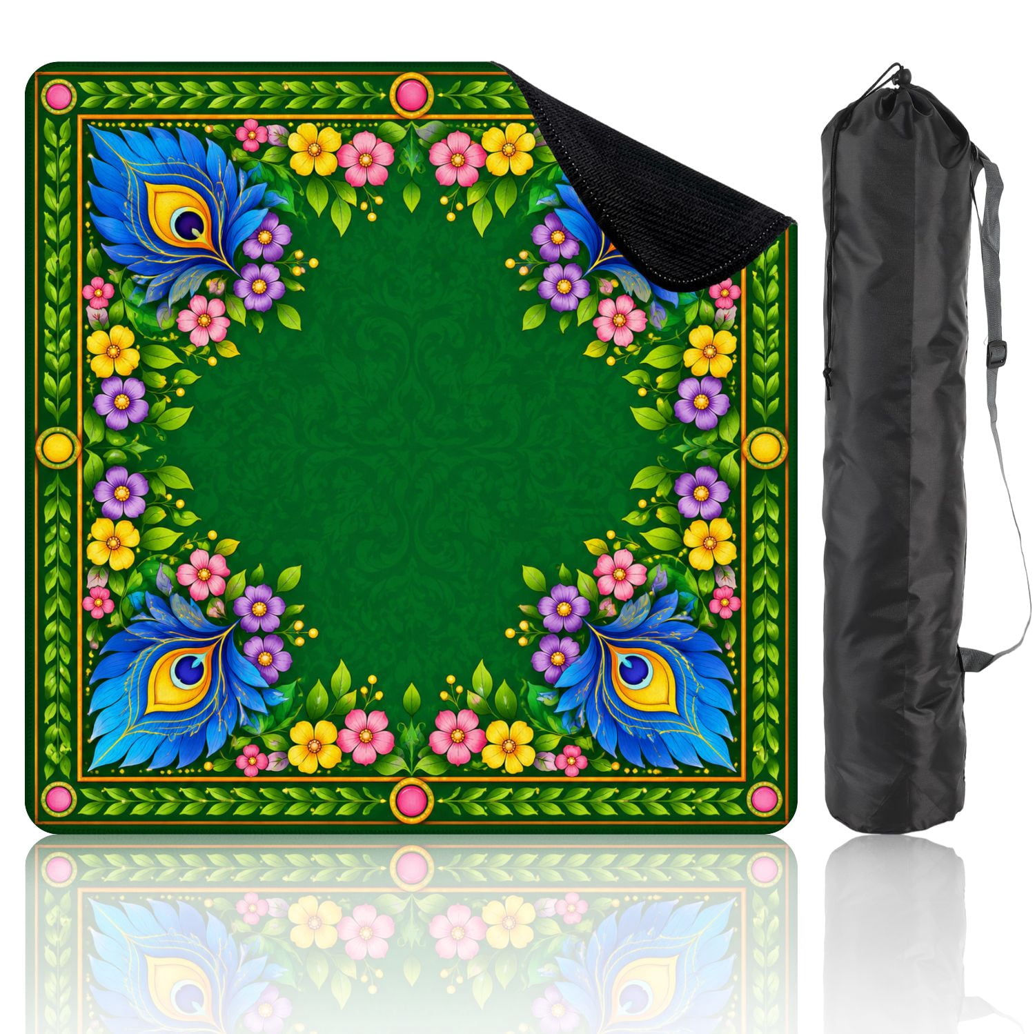 Mahjong Mat 31.5" x 31.5" Abstract Floral Peacock Motifs Vibrant Colors Non-Slip Noise Reduction Mahjong Tiles Table Cover for Dominoes Poker Card Board and Tile Games