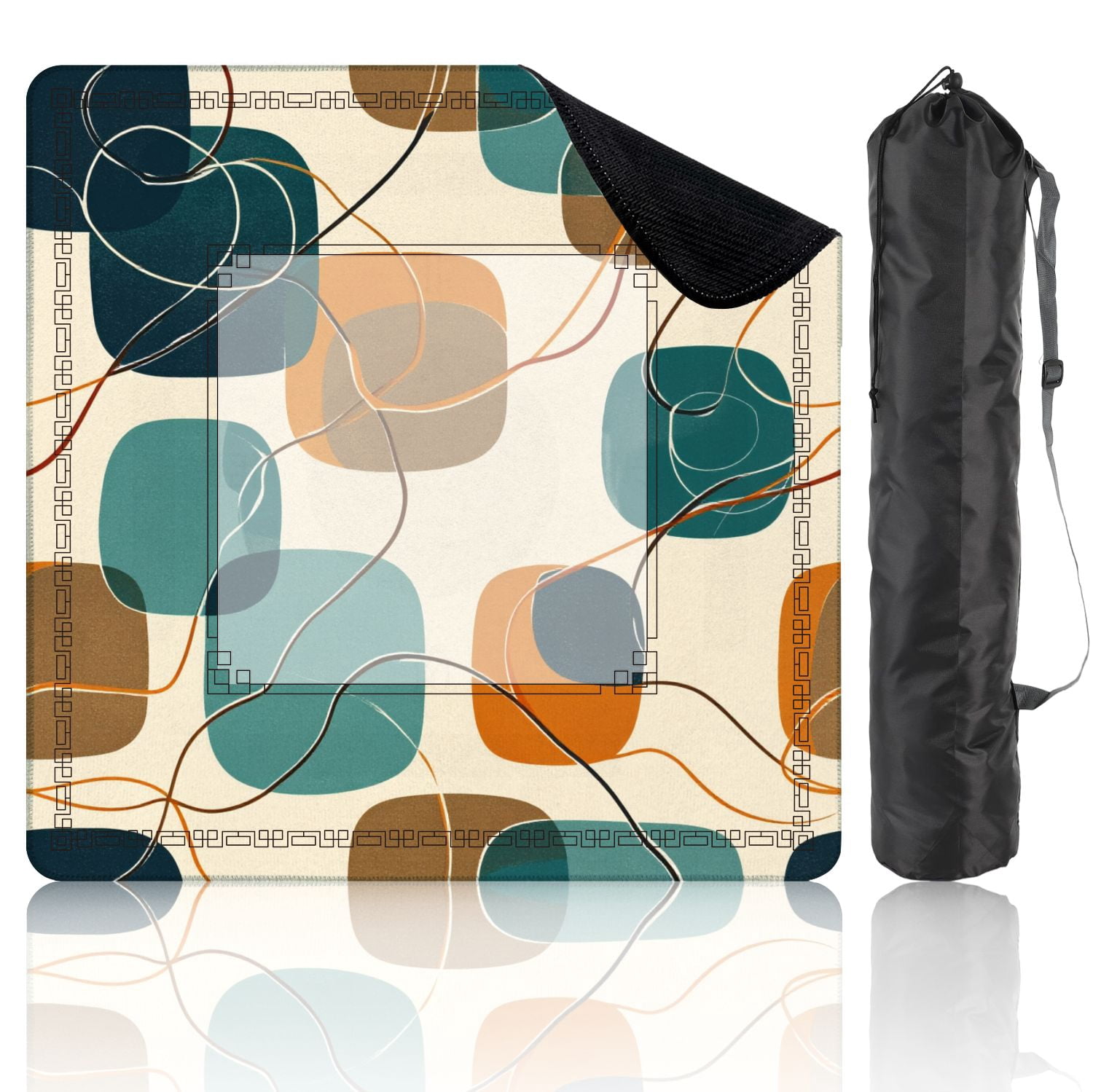 Mahjong Mat 31.5" x 31.5" Abstract Mid Century Modern Geometric Retro Shapes Teal Orange Beige Non-Slip Noise Reduction American Mahjong Tiles Table Cover for Dominoes Poker Card Board Games Gift