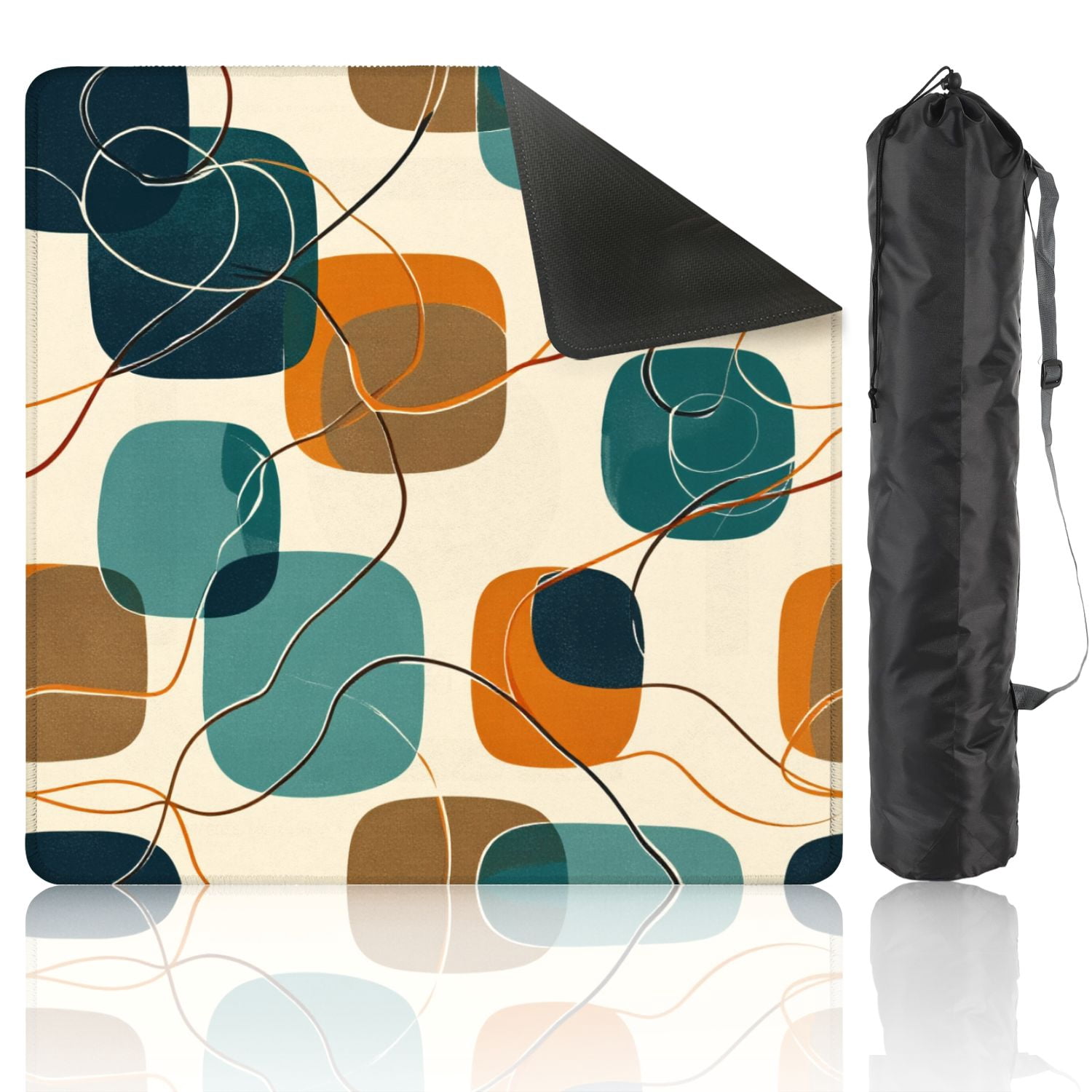 Mahjong Mat 31.5" x 31.5" Abstract Mid Century Modern Geometric Retro Shapes Teal Orange Beige Non-Slip Noise Reduction American Mahjong Tiles Table Cover for Dominoes Poker Card Board Games Gift