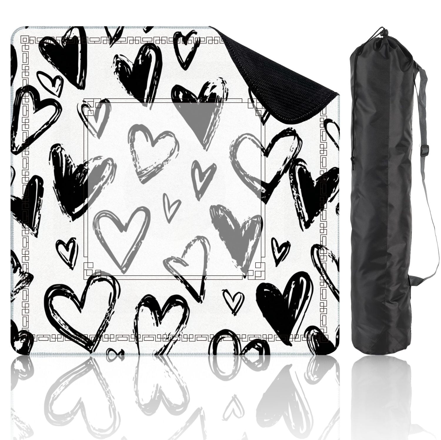 Mahjong Mat 31.5" x 31.5" Abstract seamless heart Ink Black white Non-Slip Noise Reduction American Mahjong Tiles Table Cover for Dominoes Poker Card Board Games Gift