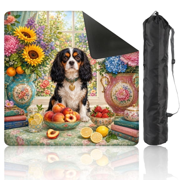 Mahjong Mat 31.5" x 31.5" Adorable Cavalier King Charles Spaniel Dog Surrounded by Colorful Non-Slip Noise Reduction American Mahjong Tiles Table Cover for Dominoes Poker Card Board Games Gift