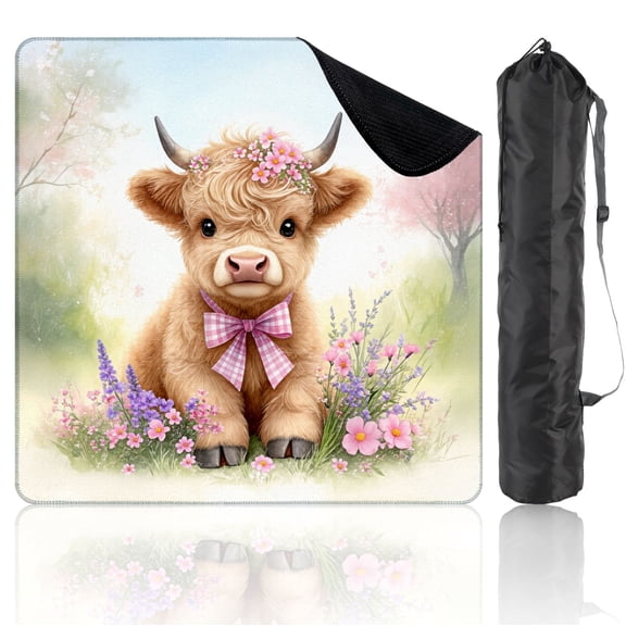 Mahjong Mat 31.5" x 31.5" Adorable Highland Cow Calf Flower Crown Pink Bow Wildflowers Non-Slip Noise Reduction Mahjong Tiles Table Cover for Dominoes Poker Card Board and Tile Games