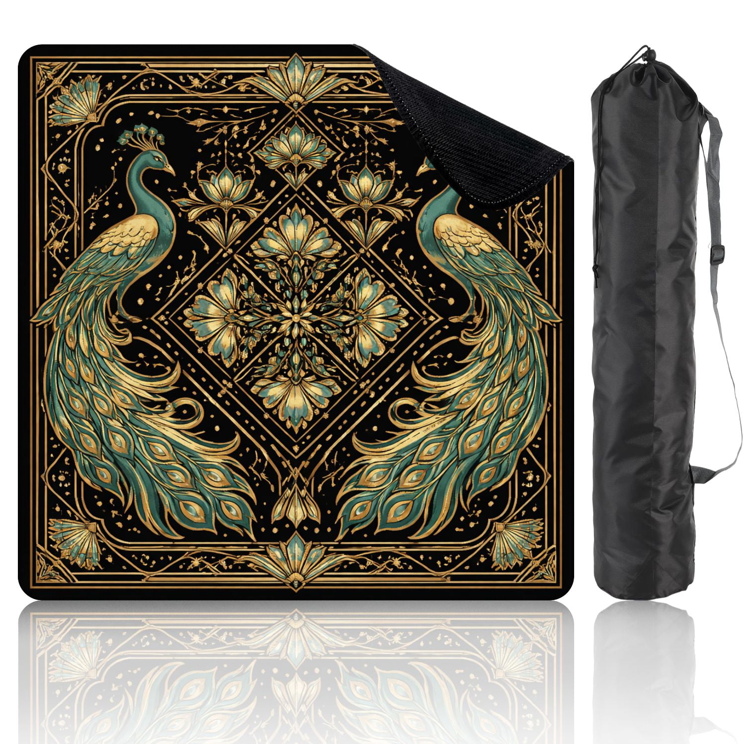 Mahjong Mat 31.5" x 31.5" Art Deco Peacock Gold Geometric Design Black Non-Slip Noise Reduction Mahjong Tiles Table Cover for Dominoes Poker Card Board and Tile Games