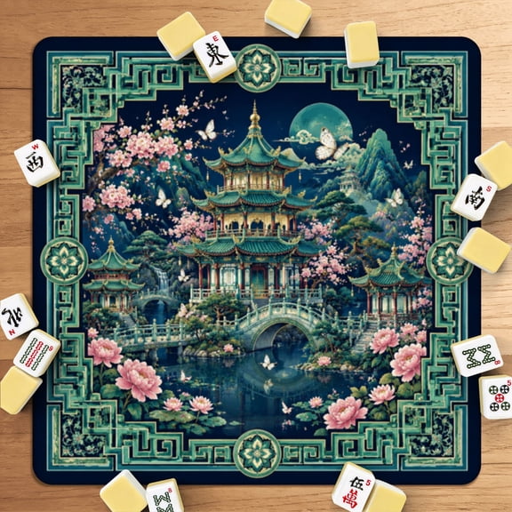 Mahjong Mat 31.5" x 31.5" Asian Pagoda Garden Floral Landscape Geometric Frame Non-Slip Noise Reduction American Mahjong Tiles Table Cover for Dominoes Poker Card Board Games Gift