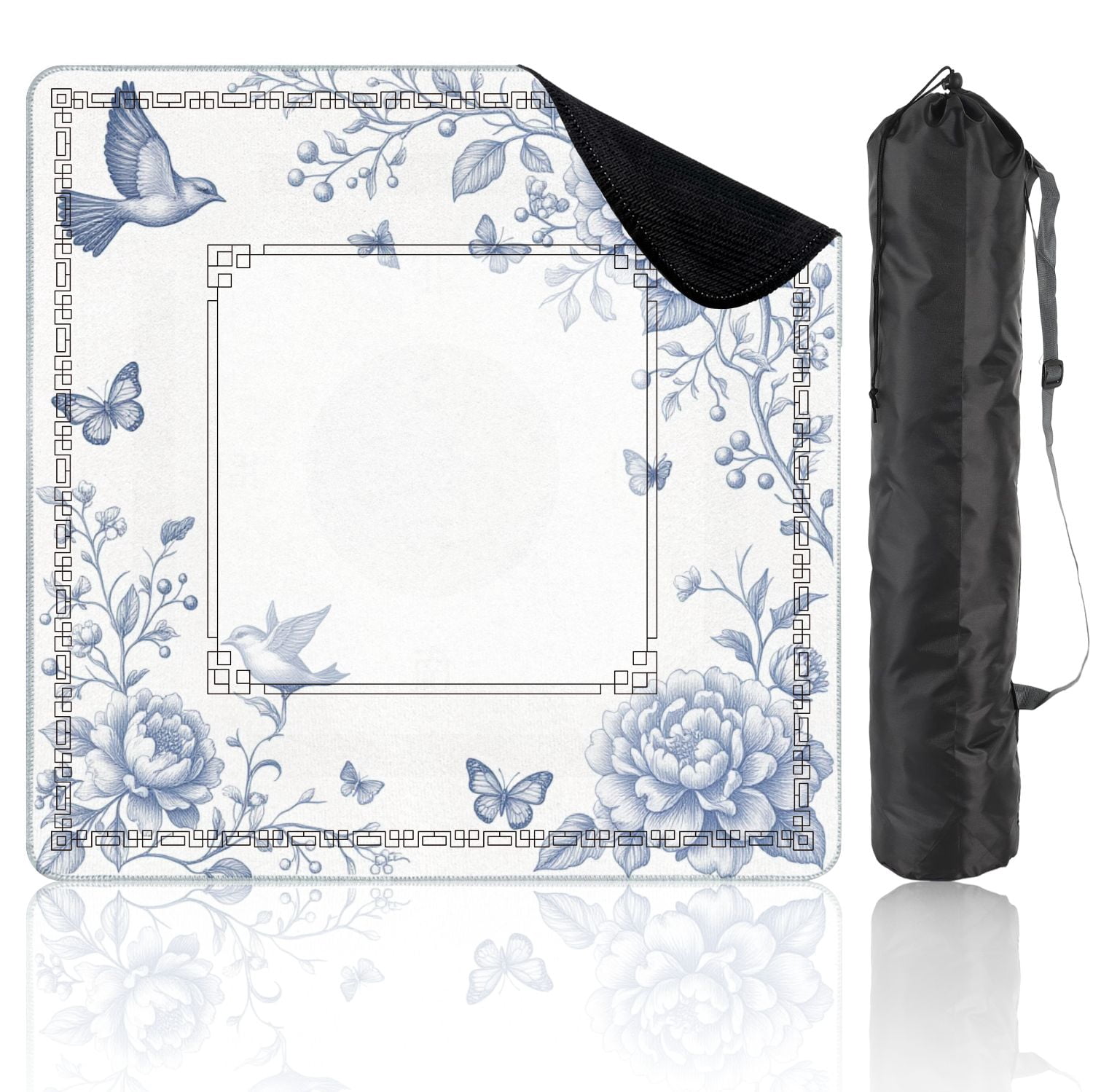 Mahjong Mat 31.5" x 31.5" Autumn Garden horizontal Flowers birds butterflies Blue white Toile de Non-Slip Noise Reduction American Mahjong Tiles Table Cover for Dominoes Poker Card Board Games Gift