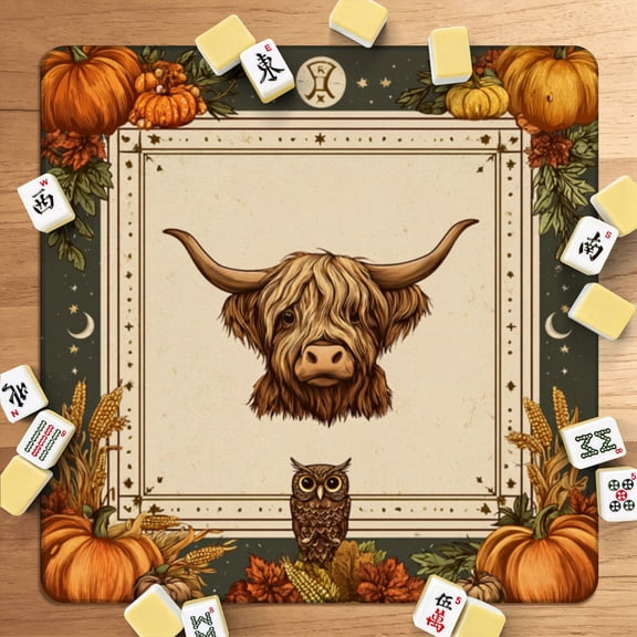 Mahjong Mat 31.5" x 31.5" Autumn Highland Cow Pumpkins Fall Harvest Border Non-Slip Noise Reduction American Mahjong Tiles Table Cover for Dominoes Poker Card Board Games Gift