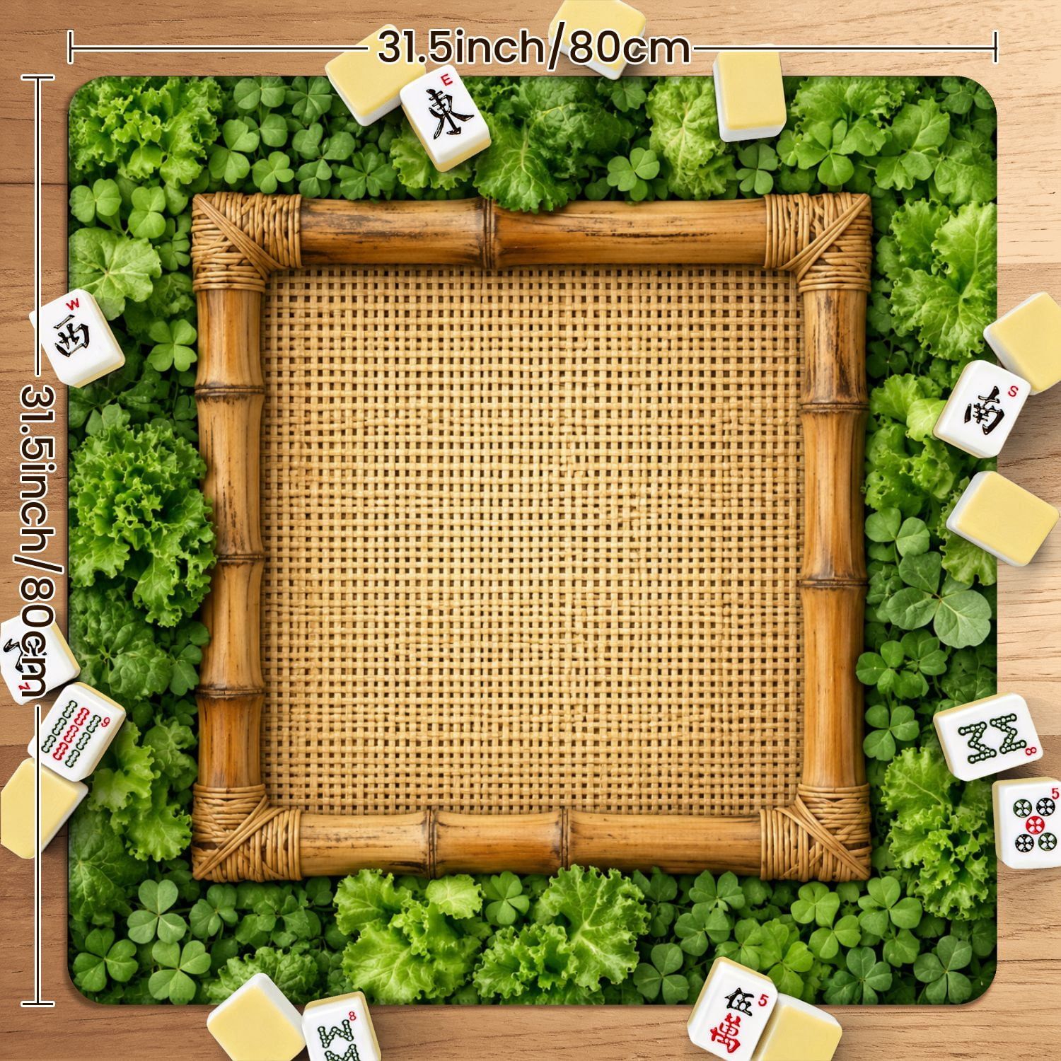 Mahjong Mat 31.5" x 31.5" Bamboo Framed Rattan Weave Green Floral Non-Slip Noise Reduction American Mahjong Tiles Table Cover for Dominoes Poker Card Board Games Gift