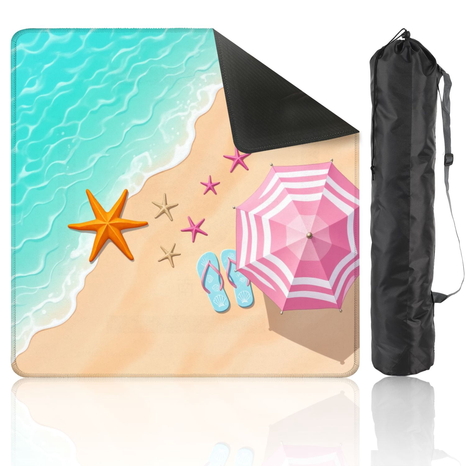 Mahjong Mat 31.5" x 31.5" Beach Scene Starfish Pink Umbrellas Flip Flops Sandy Shore Non-Slip Noise Reduction American Mahjong Tiles Table Cover for Dominoes Poker Card Board Games Gift